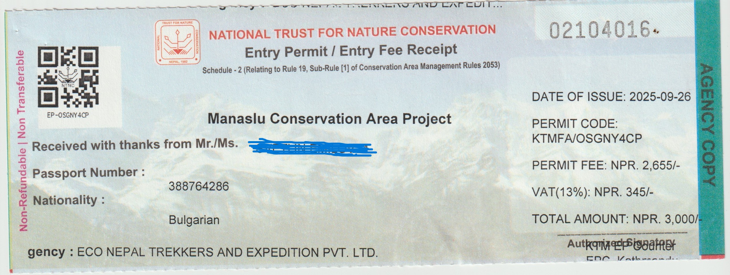 Manaslu Conservation Area Permit