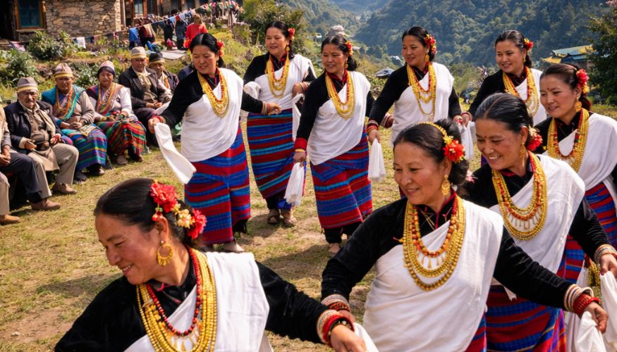 Gurung Women Performing Traditional Dance in Chhomrong