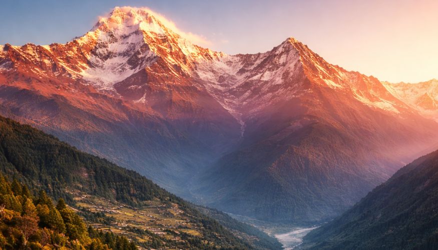 Annapurna sunrise over terraced fields