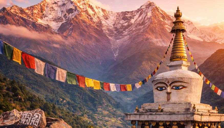 Himalayan sunset with stupa and flags