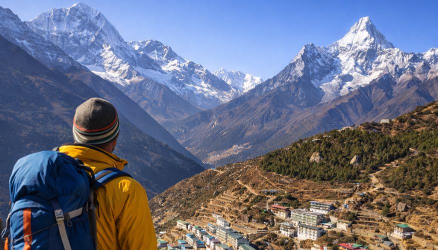 Trekkers enjoying mountain views at Namche Bazar