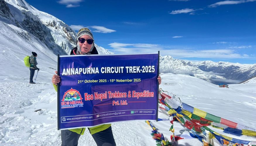 Our Client Erika from Germany is at the top of the Thorong La Pass